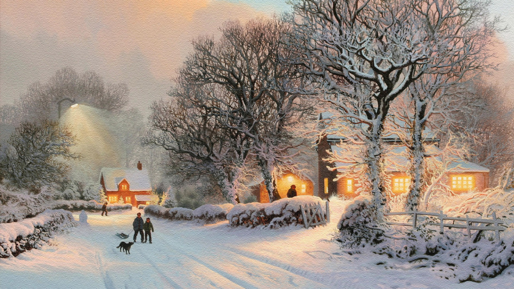 Village In Winter Painting HD Wallpaper